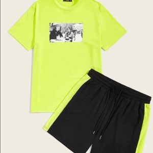 Men Neon Lime Tee And Contrast Sideseam Shorts Set